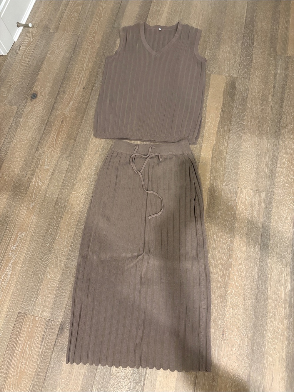 Ribbed Knit Drawstring Midi Skirt - Brown